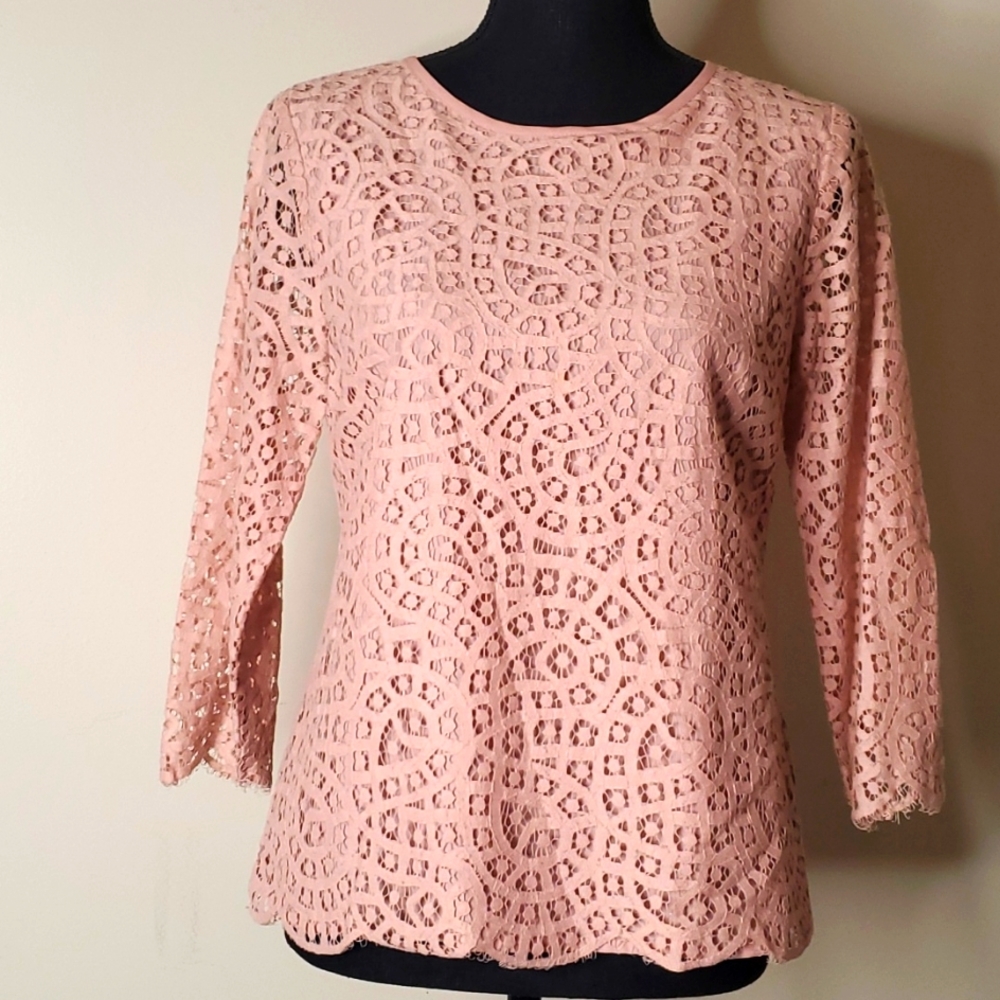 J.Crew pink peach fairy lace long sleeve Whimsy coquette  scalloped tunic top